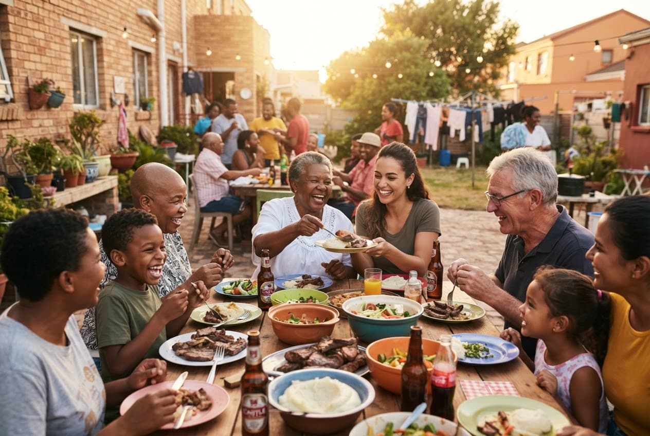 Neighbours and family sharing a meal together
